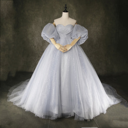 シンデレラのブルーカラーウェディングドレス ストーン キラキラ