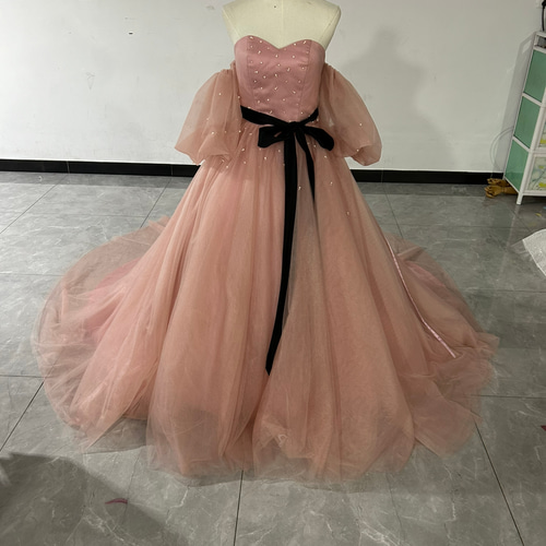 可愛い パーティードレス ピンク 取り外し袖 ベアトップ サッシュ  