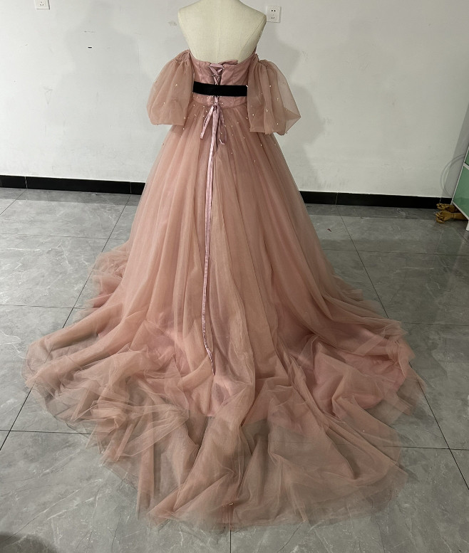 可愛い パーティードレス ピンク 取り外し袖 ベアトップ サッシュベルト パール 憧れのドレス 花嫁