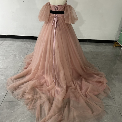 可愛い パーティードレス ピンク 取り外し袖 ベアトップ サッシュ  