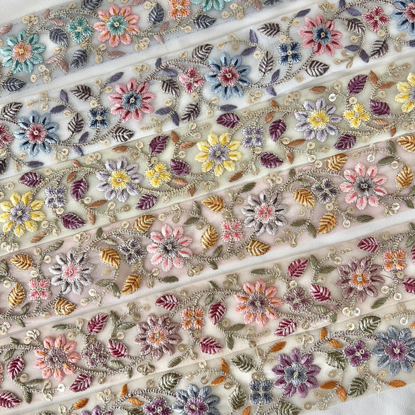 50cm  インド刺繍リボン  チュール  花柄 2枚目の画像
