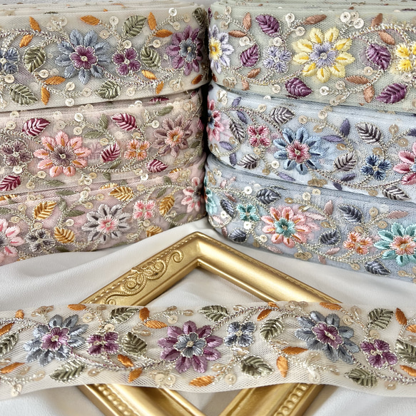 50cm インド刺繍リボン チュール 花柄 #ct36 リボン・テープ La grace