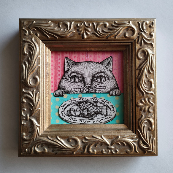 ミニ額縁 原画「猫と魚」 1枚目の画像