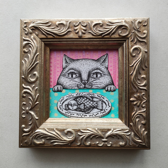 ミニ額縁 原画「猫と魚」 2枚目の画像