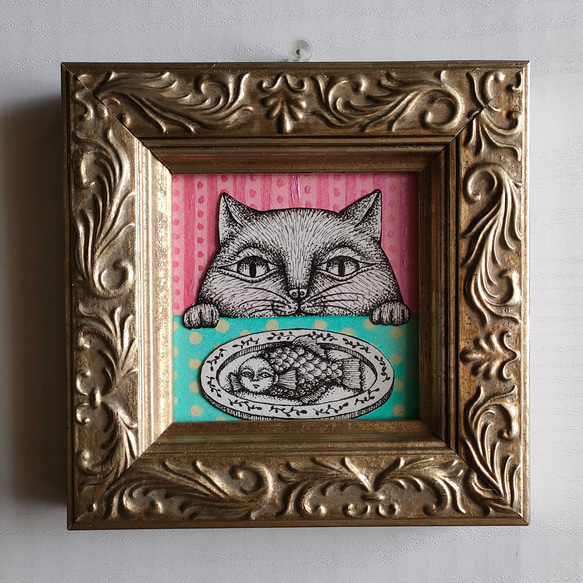ミニ額縁 原画「猫と魚」 7枚目の画像