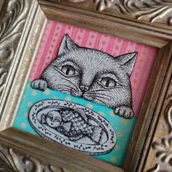 ミニ額縁 原画「猫と魚」 4枚目の画像