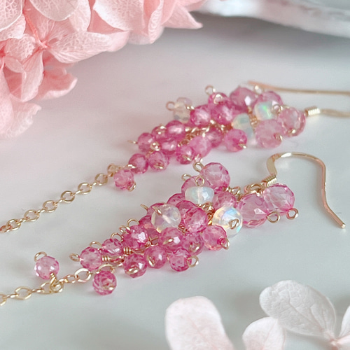 天然石♡桜プレシャスオパール×ティールブルーのピアス14kgf 天然石♡桜プレシャスオパール×ティールブルーのピアス14kgf