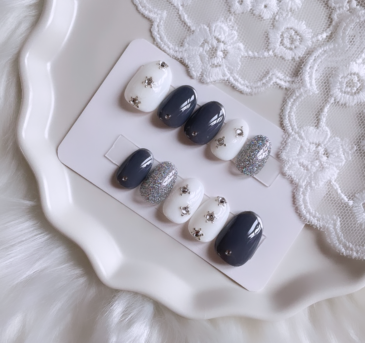 現品】 68 ネイルチップ 韓国っぽ 大人っぽ ミラー フレンチ フラワー  