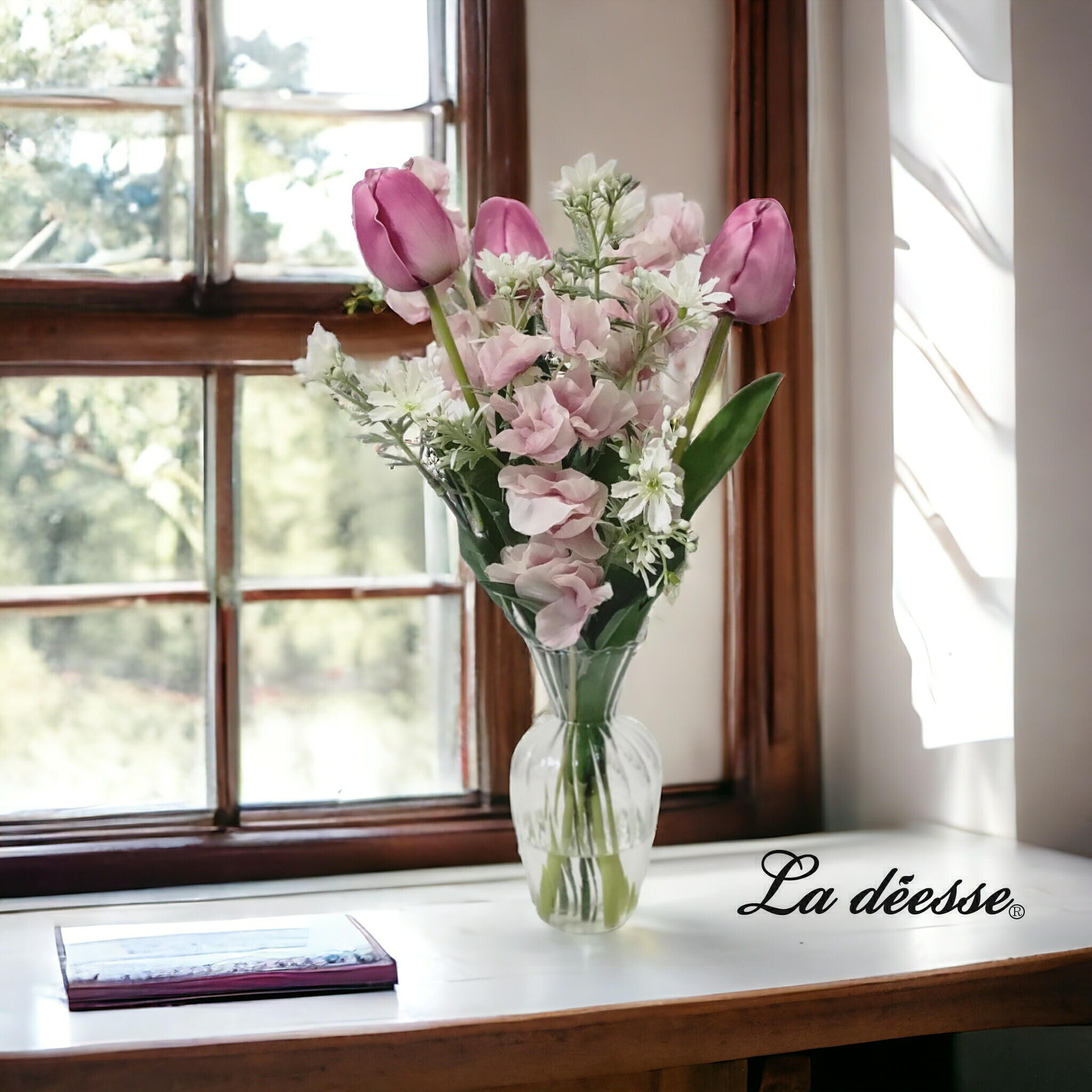 モーブピンクが大人カワイイ♪チューリップとスイートピーウォーターアレンジ綺麗に咲き続ける【Creema限定】