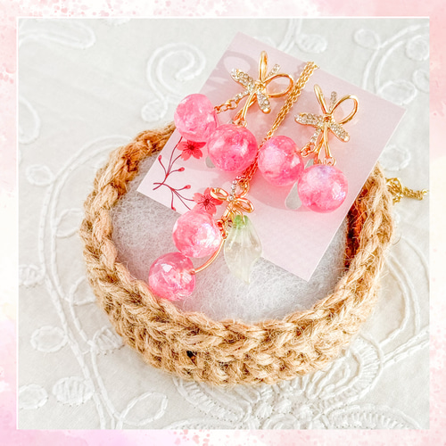 LIBERTY☆イアンローズ ピンクイエロー リボンスカーフ 春色新作2024 さくらんぼ イヤリング 桜 ピンク ゴールド 花