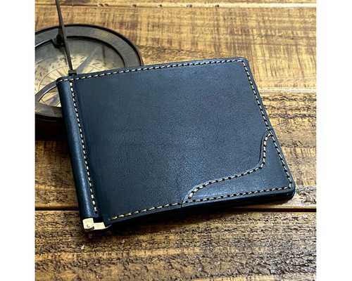 ネイビー レザー マネークリップ 編み込みデザイン 送料無料 マネークリップ 札ばさみ 札入れ 手作り 薄い財布 レザー