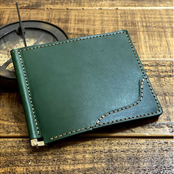 送料無料 マネークリップ 札ばさみ 札入れ 手作り 薄い財布 レザーウォレット 革小物 グリーン 1枚目の画像