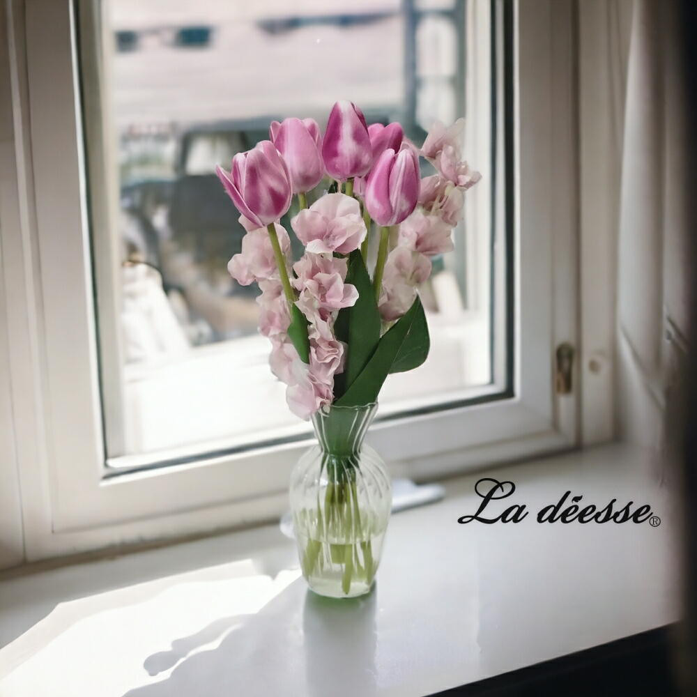 ピンクグラデーションチューリップとスイートピーのウォーターアレンジ綺麗に咲き続ける【Creema限定】