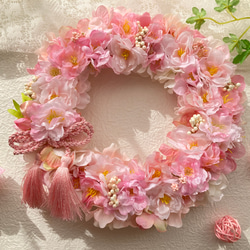 母の日早割 アーティフィシャルフラワー満開の桜ピンクリース さくらアジサイベリー お家でお花見 春のインテリア 5枚目の画像