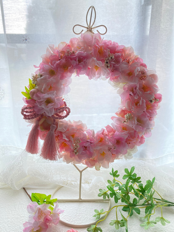 母の日早割 アーティフィシャルフラワー満開の桜ピンクリース さくらアジサイベリー お家でお花見 春のインテリア 9枚目の画像