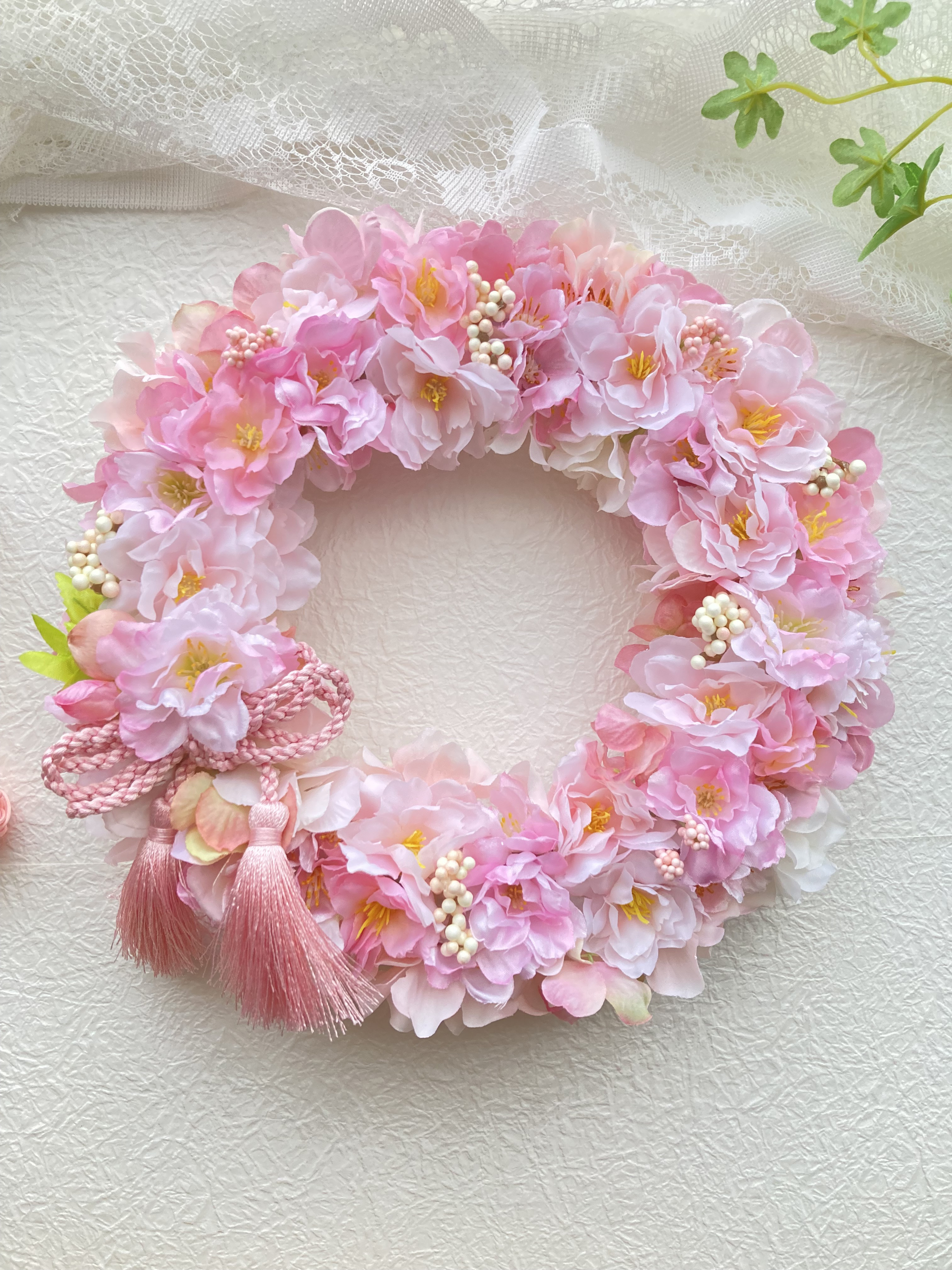 アーティフィシャルフラワー満開の桜ピンクリース さくらアジサイベリー お家でお花見 春のインテリア 敬老の日母の日ギフト