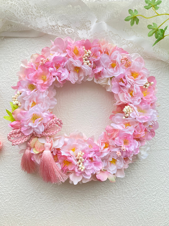 母の日早割 アーティフィシャルフラワー満開の桜ピンクリース さくらアジサイベリー お家でお花見 春のインテリア 1枚目の画像