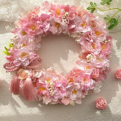 母の日早割 アーティフィシャルフラワー満開の桜ピンクリース さくらアジサイベリー お家でお花見 春のインテリア 4枚目の画像