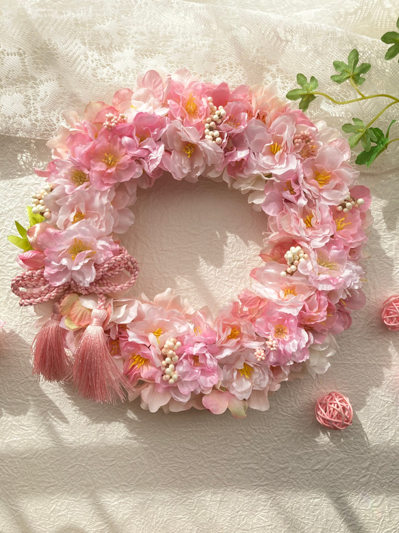 母の日早割 アーティフィシャルフラワー満開の桜ピンクリース さくらアジサイベリー お家でお花見 春のインテリア 4枚目の画像