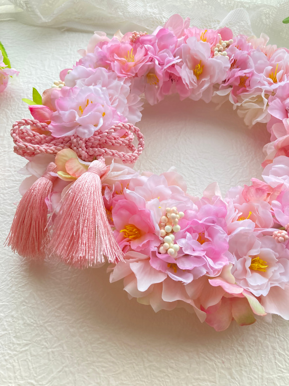 母の日早割 アーティフィシャルフラワー満開の桜ピンクリース さくらアジサイベリー お家でお花見 春のインテリア 8枚目の画像