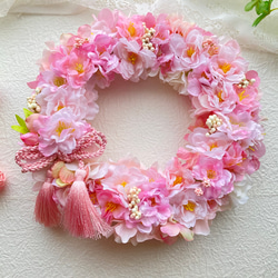 母の日早割 アーティフィシャルフラワー満開の桜ピンクリース さくらアジサイベリー お家でお花見 春のインテリア 2枚目の画像