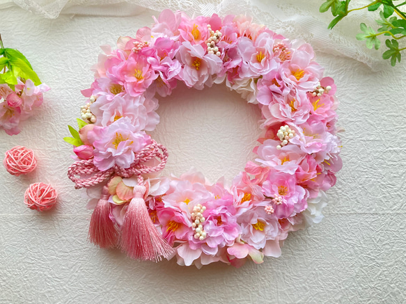 母の日早割 アーティフィシャルフラワー満開の桜ピンクリース さくらアジサイベリー お家でお花見 春のインテリア 2枚目の画像