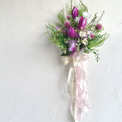 チューリップの花束みたいなスワッグ　ピンクパープル　パンジー　アーティフィシャルフラワー　造花　卒業　就職　新築　お祝い 16枚目の画像