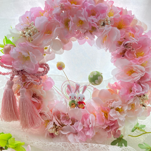 ひなまつりに♪桜と桃の布リース〜うさぎのお雛様つき〜 リース