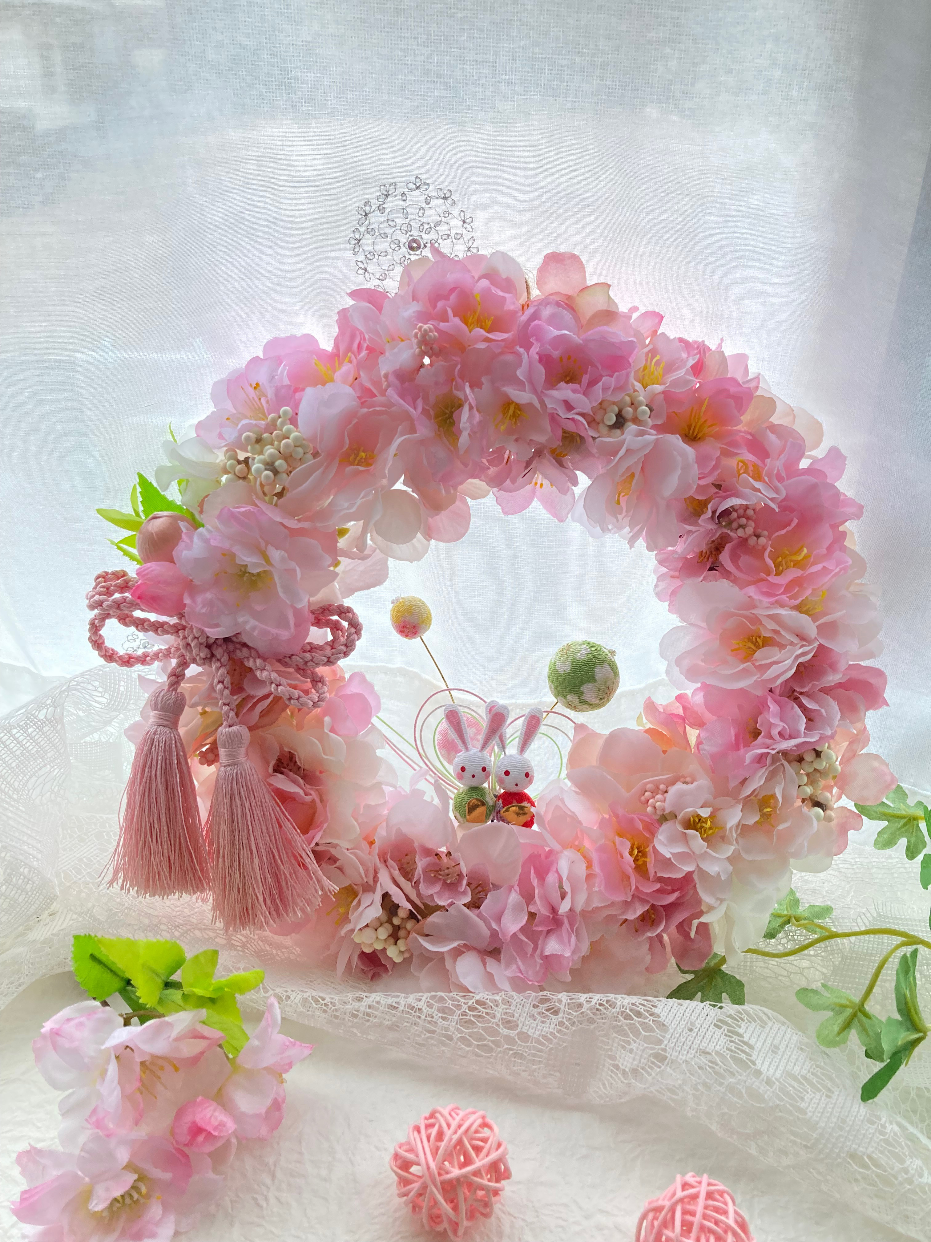 アーティフィシャルフラワーひな祭りさくらいっぱいピンクリース 結ひなうさぎかわいい春のインテリア 敬老の日母の日ギフト