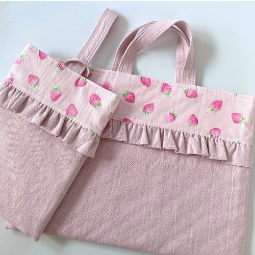 入園 入学 3点セット ハンドメイド レッスンバッグ靴袋 お着替え袋 苺 フリル 入園入学3点セット いちごさんフリル 上靴いれ 体操服入れ