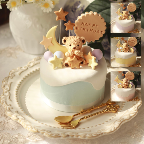 クマと幸せを祈る星空のバースデー クレイケーキ 誕生日フォト撮影や
