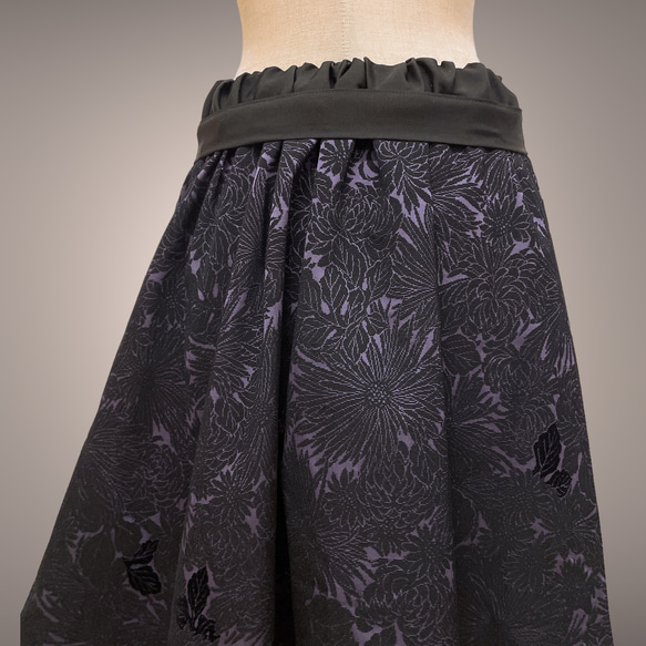 アクセントカラー スカート フォーマル 着物リメイク ウエストゴム フリーサイズ W55〜100 黒紫 B60118 5枚目の画像