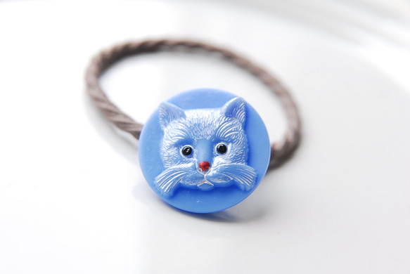 貓圖案捷克玻璃紐帶髮帶藍色x棕色 第1張的照片