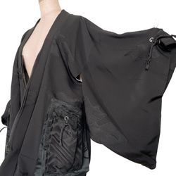 ファスナー羽織 ポケット付き アイレットタック 着物リメイク 和装 和モード 着物コート 男女兼用 黒  H51202 14枚目の画像