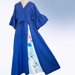 花柄カシュクールアクセントカラー ワンピース ストール付き 正絹 上質 着物リメイク 和柄 フリーサイズ青 A60108 14枚目の画像