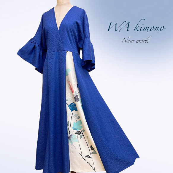 花柄カシュクールアクセントカラー ワンピース ストール付き 正絹 上質 着物リメイク 和柄 フリーサイズ青 A60108 5枚目の画像