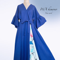 花柄カシュクールアクセントカラー ワンピース ストール付き 正絹 上質 着物リメイク 和柄 フリーサイズ青 A60108 1枚目の画像