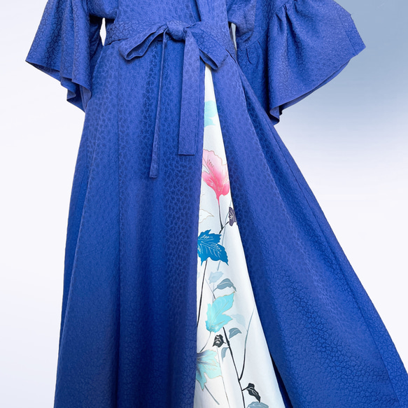 花柄カシュクールアクセントカラー ワンピース ストール付き 正絹 上質 着物リメイク 和柄 フリーサイズ青 A60108 8枚目の画像