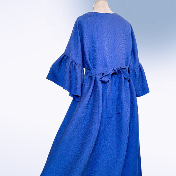 花柄カシュクールアクセントカラー ワンピース ストール付き 正絹 上質 着物リメイク 和柄 フリーサイズ青 A60108 7枚目の画像