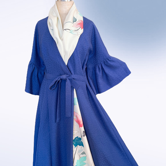 花柄カシュクールアクセントカラー ワンピース ストール付き 正絹 上質 着物リメイク 和柄 フリーサイズ青 A60108 12枚目の画像