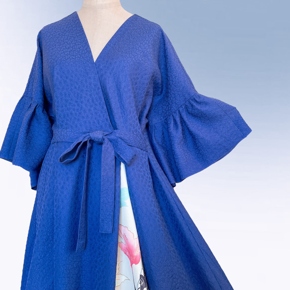 花柄カシュクールアクセントカラー ワンピース ストール付き 正絹 上質 着物リメイク 和柄 フリーサイズ青 A60108 10枚目の画像