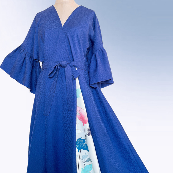 花柄カシュクールアクセントカラー ワンピース ストール付き 正絹 上質 着物リメイク 和柄 フリーサイズ青 A60108 13枚目の画像
