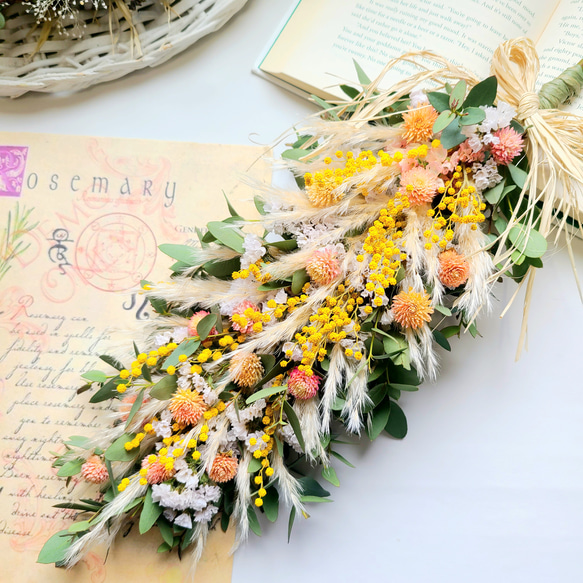専用＊サルフレア&ミモザ　ドライフラワースワッグ mimosa ミモザとセンニチコウのナチュラルスワッグ ガーランド