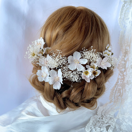 桜 かすみ草 ウエディング ブライダル 結婚式 髪飾り ヘッド