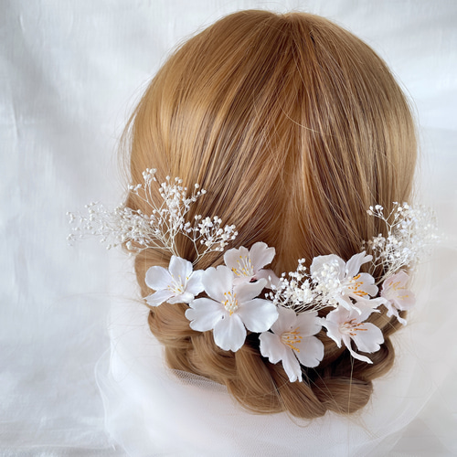 桜 かすみ草 ウエディング ブライダル 結婚式 髪飾り ヘッドドレス