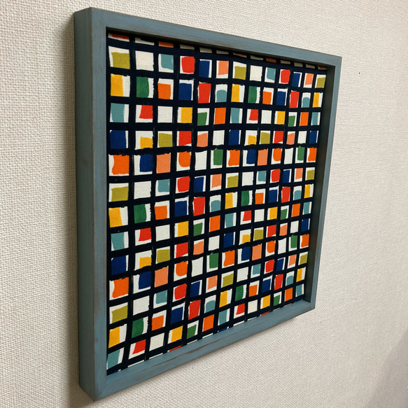 ファブリックパネル　グリッド 40x40cm ヴィンテージ加工ウッドフレーム付 2枚目の画像