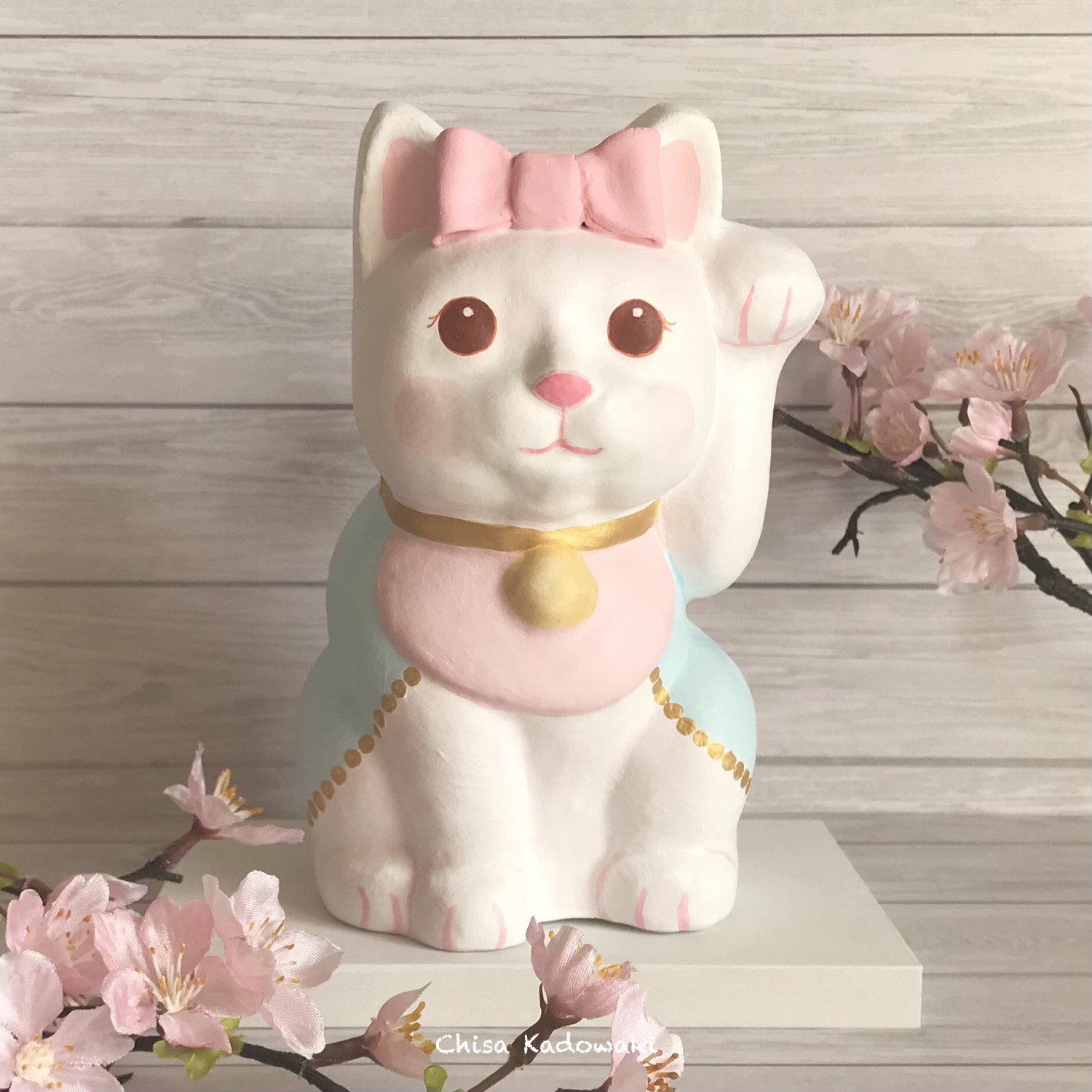 アートにゃ招き猫・リボン/一点物・縁起物・置物・春色新作2024