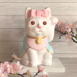 アートにゃ招き猫・リボン/一点物・縁起物・置物・春色新作2024 立体