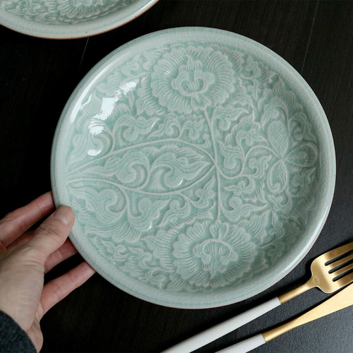 タイ セラドン焼 小皿 花柄のお皿 20cm 陶磁器 celadon-010 中皿