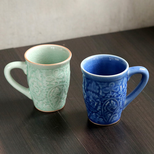 タイ セラドン焼 マグカップ 花柄のコーヒーコップ 陶磁器 celadon-012